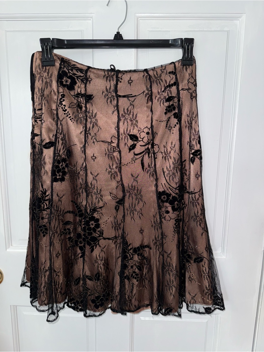 Patra Taupe A-Line Skirt with Black Floral Lace Overlay